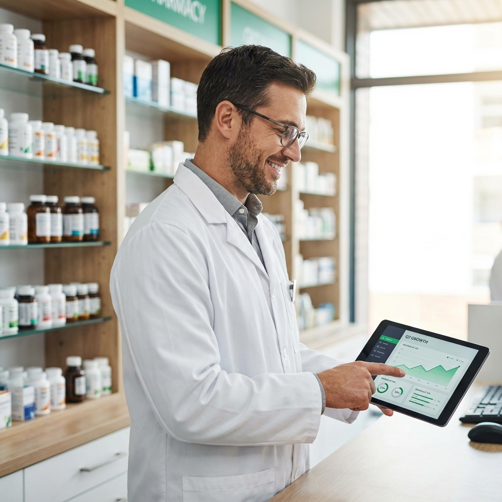 Pharmacien utilisant le simulateur financier PharmaPex